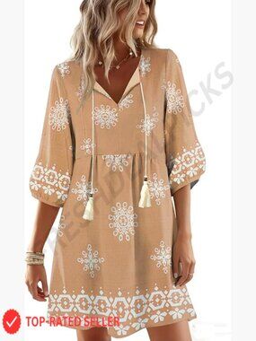 Boho V Neck 3/4 Sleeve Floral Printed Loose Flowy Beach Maxi Dress Plus Size